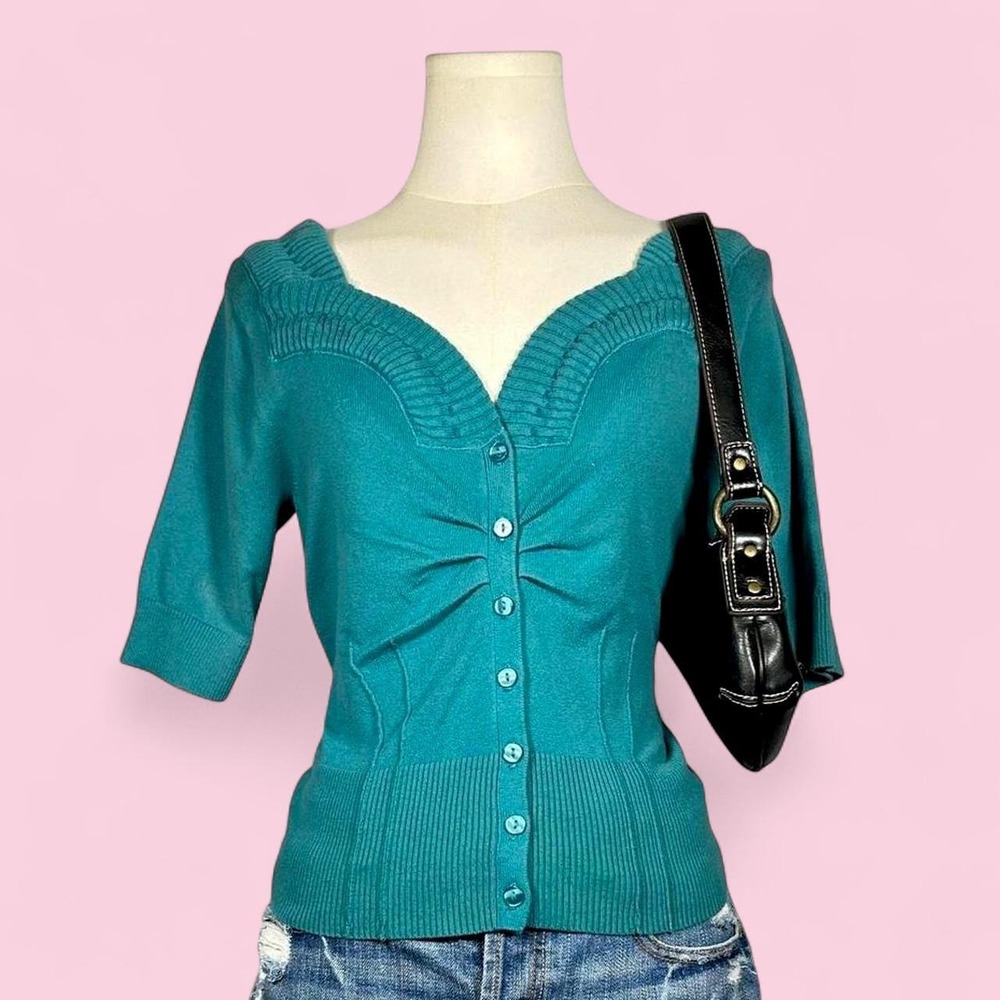 Y2K Rosie Neira Anthropologie Wool Cotton Teal Button Up Crop Cardigan Womens L